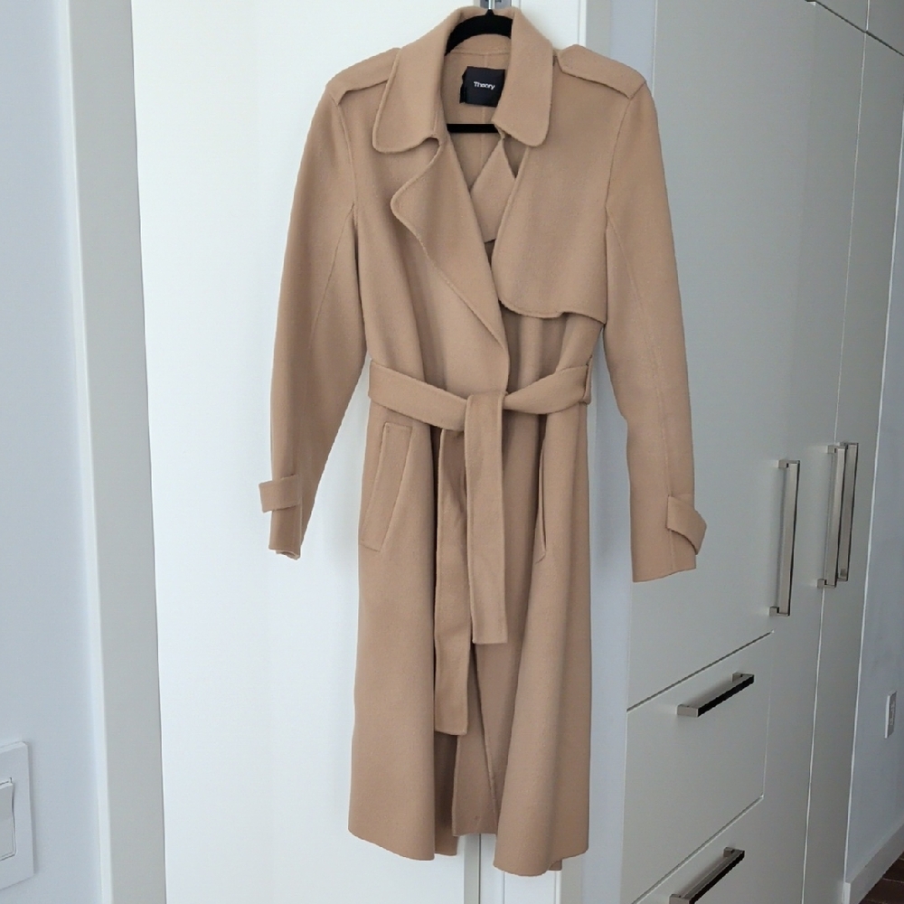 Theory Oakley Tan Beige Wool/Cashmere Belted Trench Coat Sz S New